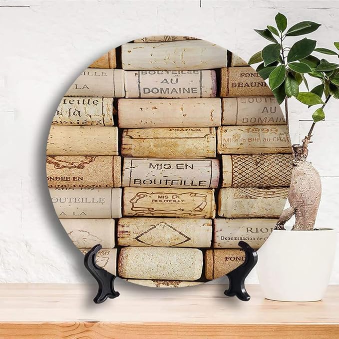 Ceramic Plates, Winery Decorative Ceramic Plates, Different Wine Corks Arranged in Line Collections, 8 Inch, Household Plates Decorative, Ivory Pale Brown