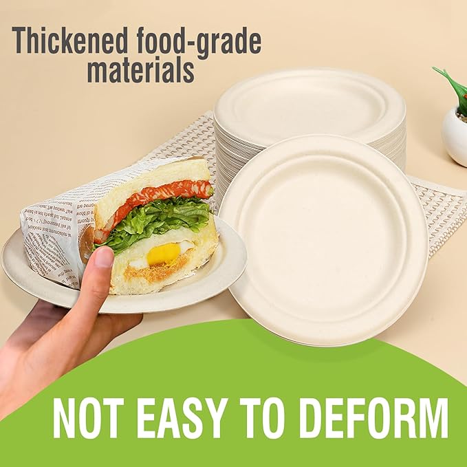 Disposable Plates 100% Compostable Heavy Duty - 9 Inch paper plates bulk for Party, Dinner, Cake, Dessert, Snacks Eco-Friendly Brown
