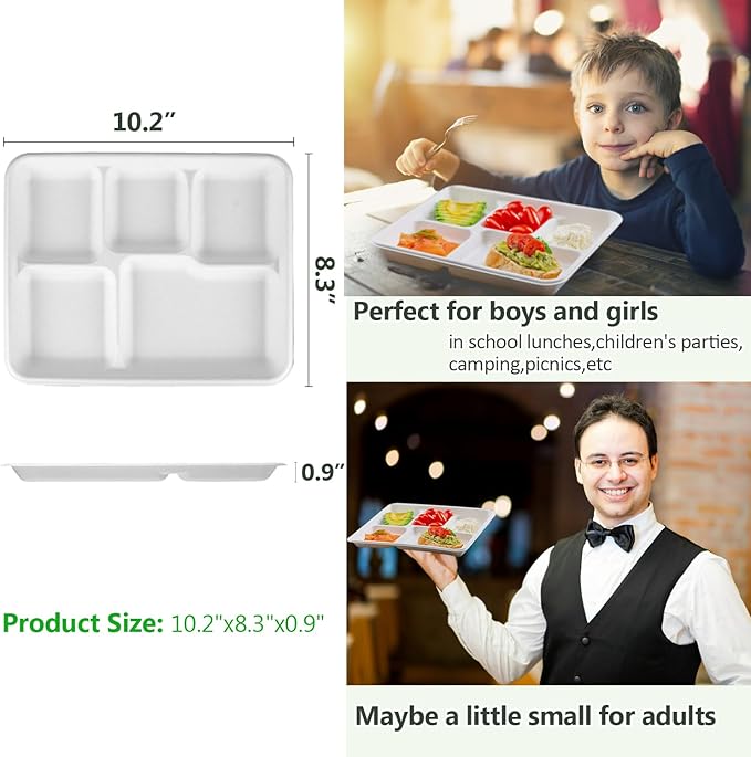 Go-Green 100% Compostable 5 Compartment Plates,Eco-Friendly Disposable Bagasse Tray,10 inch Heavy Duty School Lunch Tray,100 Pack