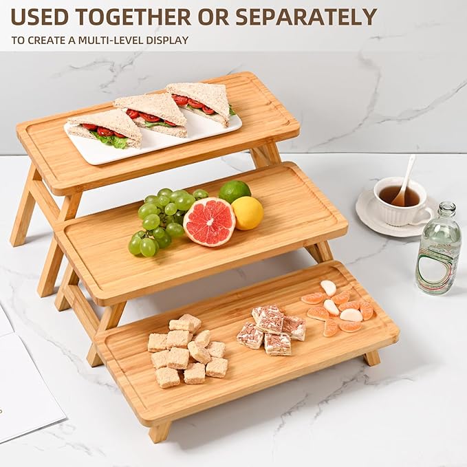 GEHE Natural Bamboo Cupcake Stand, Foldable 3 Tier Cupcake Display Stand Tower, Dessert Table Serving Tray for Birthday/Wedding/Christmas/Party, Charcuterie Boards