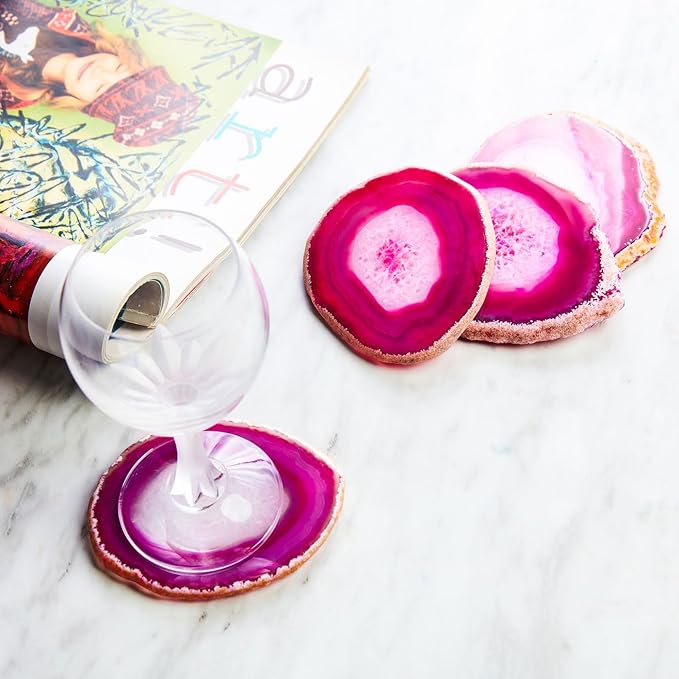 Luxury Lane Set of 4 Large Natural Brazilian Agate Slice Geode Rock Stone Drink Coasters with Wood Holder 4.3-4.7 inch Centerpiece Table Decoration, Rose Pink