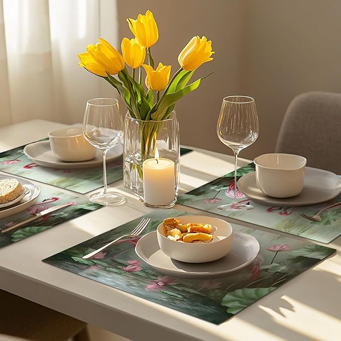 Flamingo Placemats Set of 4, Flamingo Tropical Flowers Place Mats, Wildlife Waterproof Washable Table Mats for Home Party Indoor Kitchen Dining Table Decoration 12x18 Inch