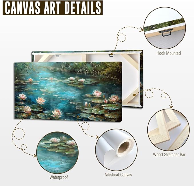 ADJUVANT Wall Art Impressionist Water Lily Pond 60" L x 30" W, Lotus Flower Canvas Painting Nature Artwork Green Water and Pink Blooms Prints Wall Decor for Living Room Bedroom Study Home Office