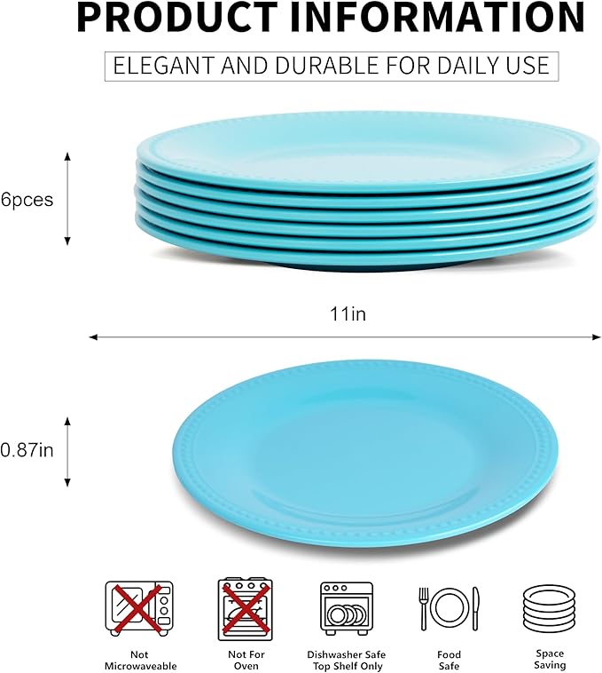 Melamine Beaded Dinner Plate Set of 6, 11inch, Aqua, BPA Free, Platter, Serving Dishes, Chip & Break Resistant, Lightweight, Durable, Great for Dining, BBQs, Picnics, Weddings & Everyday Meals