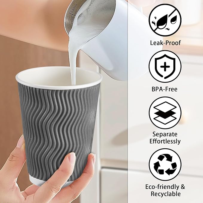 Lamosi 12 oz Insulated Coffee Cups Disposable - 50 Count Grey Paper Coffee Cups No Lids 12oz, Corrugated Ripple Wall Design for Hot Cold Drinks