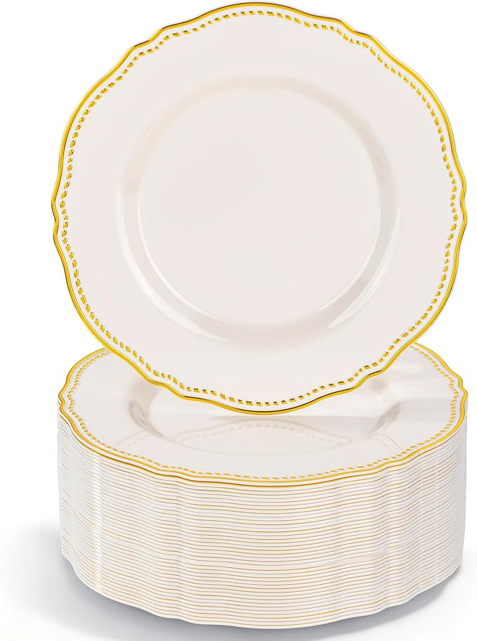 Hioasis 60PCS Ivory Plastic Plates - Ivory and Gold Disposable Dinnerware with Gold Rim, Heavy-duty, 7 inch, Dessert Plates for Party & Wedding