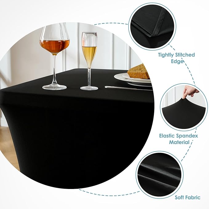 VidaFete Spandex Tablecloth 6 Pack 8FT, Fitted Stretch Table Cover for Rectangle Tables, Wrinkle Resistant and Washable Tablecloths for Outdoor, Picnic, Party, Wedding, Banquet, Birthday, Black