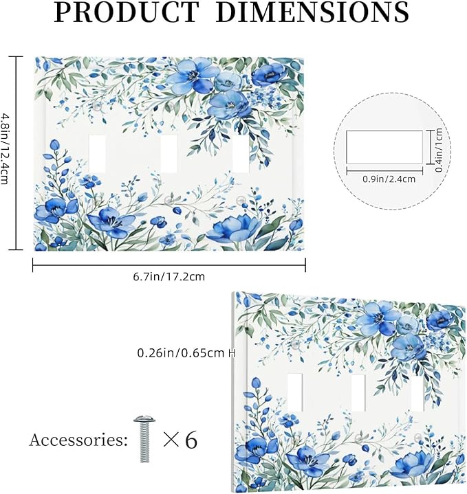 Light Switch Cover Blue Watercolor Flowers Retro Floral Leaves 3 Gang Wall Plate Triple Light Switch Plate Toggle Decorative Outlet Covers Electrical Switchplate for Bathroom Bedroom Decor
