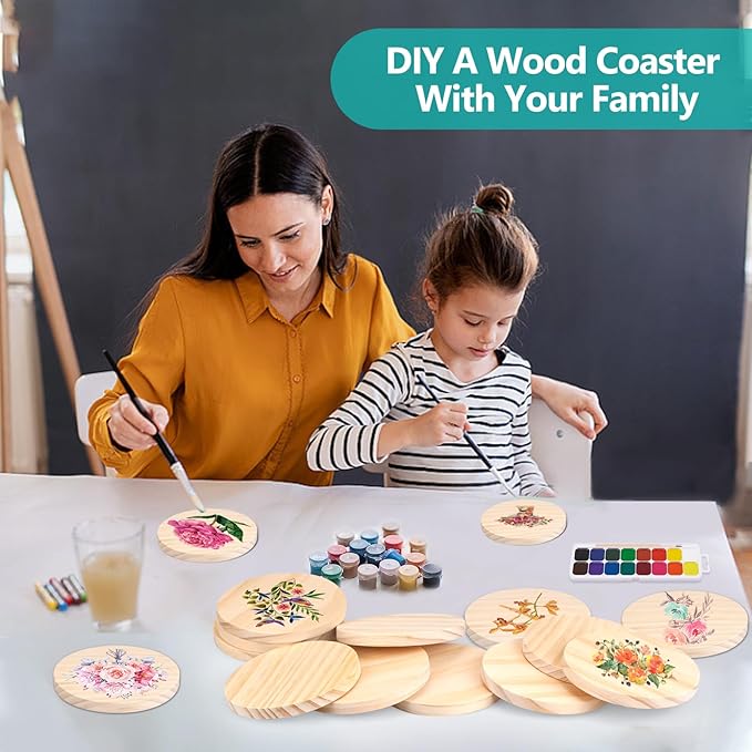 Adrattnay 64Pcs Unfinished Wood Coasters, 4" Round Wooden Coasters Tabletop Protection with Non-Slip Dot for Drinks, 9mm Blank Wood Coasters Bulk for Laser Engraving Painting Wood Burning Crafts