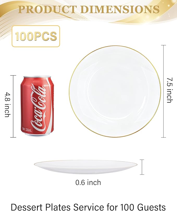 Nervure 100Pieces White with Gold Rim Plastic Plates - 7.5inch Disposable Gold Salad/Dessert Plate - White and Gold Plastic Plates Ideal for Wedding & Party
