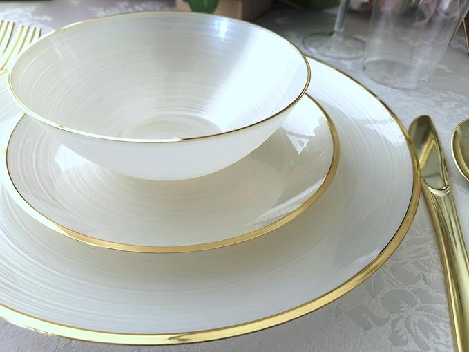 " OCCASIONS " 240 Plates Pack,(120 Guests) Premium Wedding Party Disposable Plastic Plates Set -120 x 10'' Dinner + 120 x 7'' Salad/Dessert (Belize in White Pearl & Gold)