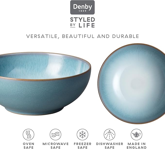 Denby - Azure Haze Coupe Cereal Bowls Set of 6-820ml, 6.75in - Dishwasher Microwave Safe - Blue Teal Reactive Glaze Ceramic Stoneware Soup Bowls Tableware - Scratch Chip Resistant