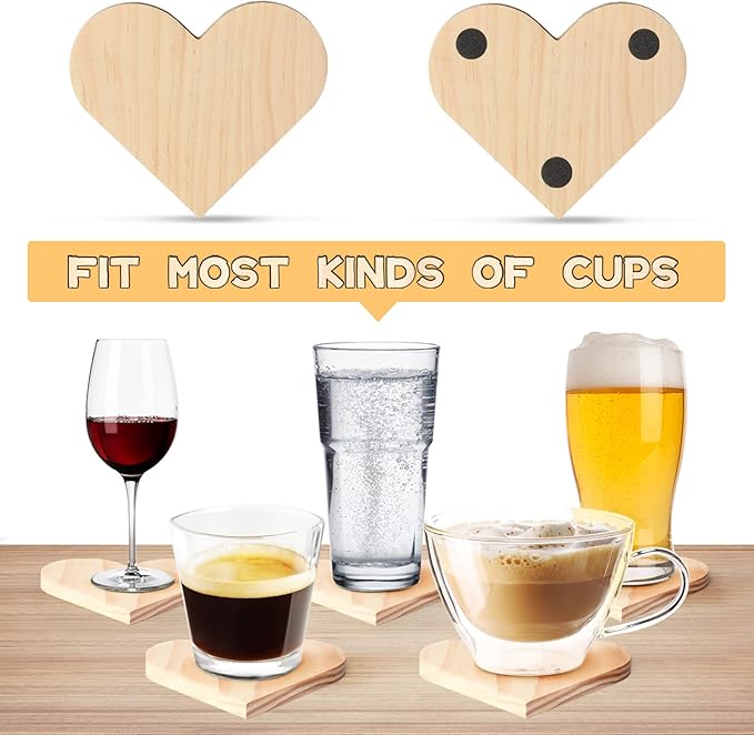 12 Pieces Unfinished Wood Coasters, GOH DODD 4.5 Inch Wooden Slices Blanks Bulk Set with Foot Pads for DIY Crafts Laser Engraving Wood Burning Staining Painting Decoupage Valentine's Day, Heart
