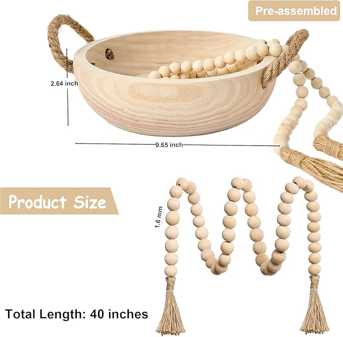 OMISHE Paulownia Wood Bowl, Decorative Bowl for Home Decor, Natural Handmade Dough Wooden Bowl, Rustic Round Serving Bowl with Rope Handle and Wood Bead Garland for Tabletop Centerpiece Decor