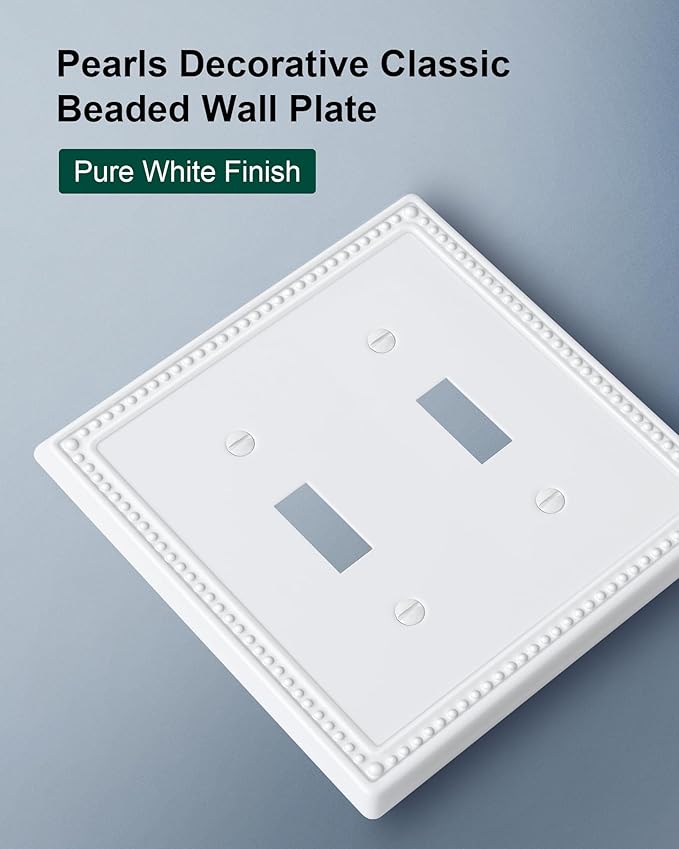 2-Pack Double Toggle Light Switch Cover Plate, Pearls Decorative Dual Switch Plate Covers, Pure White 2 Gang Metal Wall Plate, Corrosion Resistant