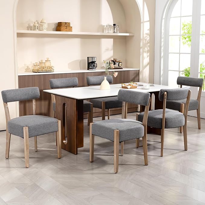 Dining Chairs Set of 6,Mid Century Modern Dining Chair Set - Linen Upholstered Low Back Kitchen & Dining Room Chairs with Woven Design,Grey Fabric