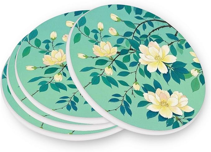 Coasters for Drinks Coaster Drink Set Decorative Coffee Table Desk Cup Mat Spring Cute Cork Bar Backing Round Home Decor Flowers Leaves Light Green27