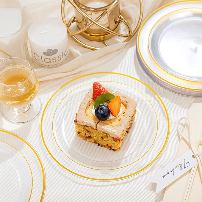 bUCLA 100 Pieces Clear Gold Plastic Plates Disposable - 6.25 Inch Clear Plastic Dessert Plates with Gold Trim for Party, Wedding & Thanksgiving