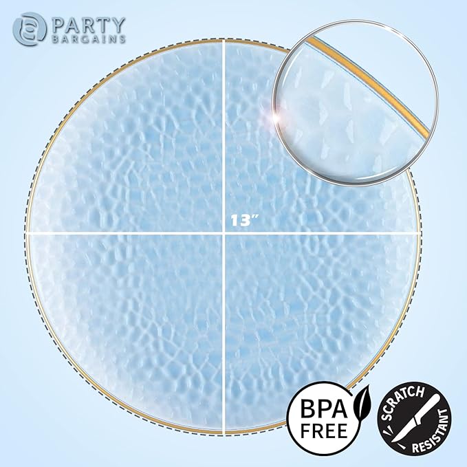 PARTY BARGAINS 13-Inch Charger Plates - 96 Pack, Hammered Blue Gold Rim, Heavy-Duty Disposable Chargers for Elegant Dining - Ideal for Weddings and Formal Events