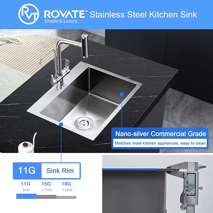 ROVATE 22x18 inches Drop-in Kitchen Sink Single Bowl Stainless Steel with 1 Hole, Handmade Topmount Kitchen Sink with Basket Strainer