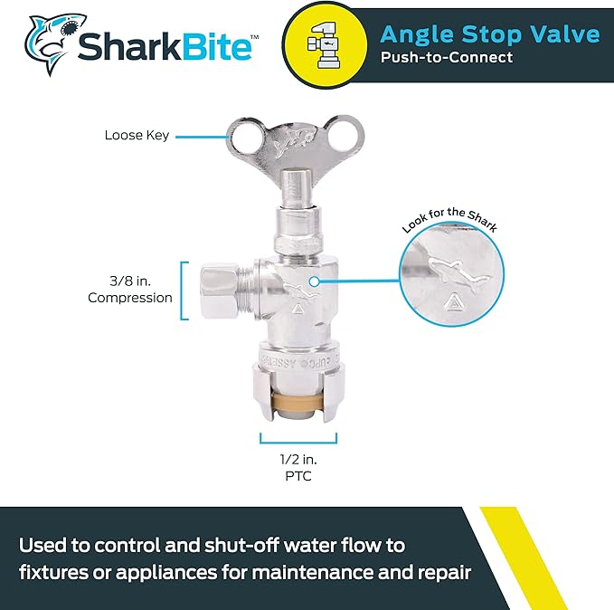 SharkBite 1/2 x 3/8 Inch Compression Angle Stop Valve, Loose Key Quarter Turn, Push to Connect Brass Plumbing Fitting, Chrome Finish, PEX Pipe, Copper, CPVC, PE-RT, HDPE, 24731LF