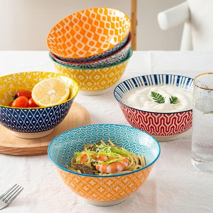 KitchenTour Ceramic Bowls Set - 30 oz Serving Bowls For Kitchen - Cereal, Ice Cream, Soup, Salad, Rice, Dessert Ceramic Bowls - Assorted Colorful Set of 6 - Microwave Dishwasher Safe - 7 Inch