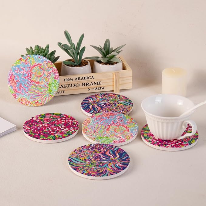 KAMMAK Boho Style Coasters Set of 6 with Cork Base,4in Absorbent Ceramics Art Coaster, Drink Coasters Round Ceramic Table Coasters Set for Decorative, Coffee Cup, Beverage, Wine, Beer, Bar