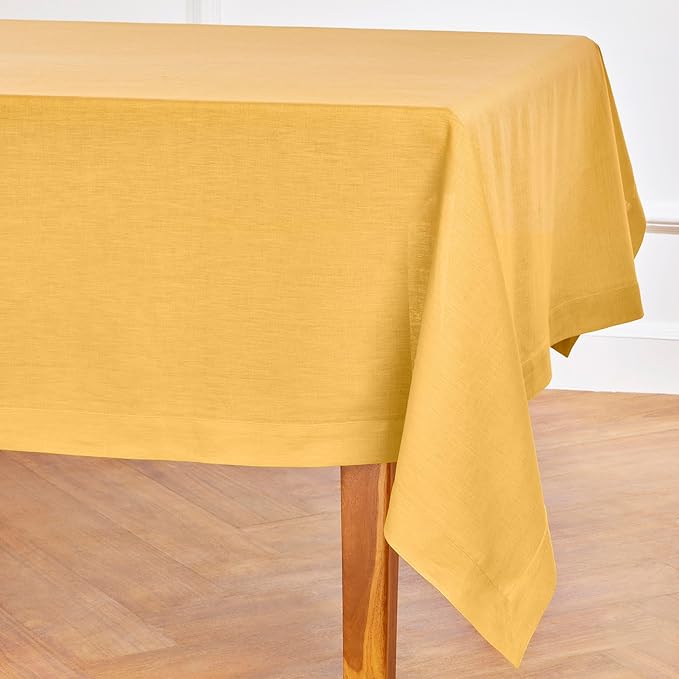 Solino Home Linen Tablecloth for Rectangle Tables 60 x 132 Inch - 100% Pure Linen Mustard Yellow Table Cloth - Fete, Machine Washable Cloth Tablecloth for Spring, Easter