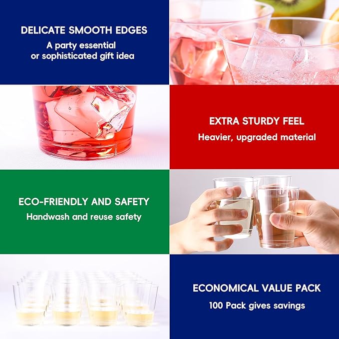 JOLLY CHEF 14 oz Clear Plastic Cups, 100 Pack Heavy-duty Party Glasses, Disposable plastic cups for wedding Cocktails Tumblers, Ideal for Halloween,Christmas, Thanksgiving Parties