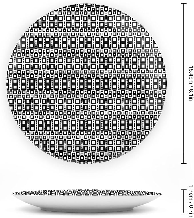 Ceramic Display Plate, Abstract Ceramic Hanging Decorative Plate, Monochrome Squares of Motif Grid Design Geometric, 6 Inch, Household Custom Ceramic Plate, Black White