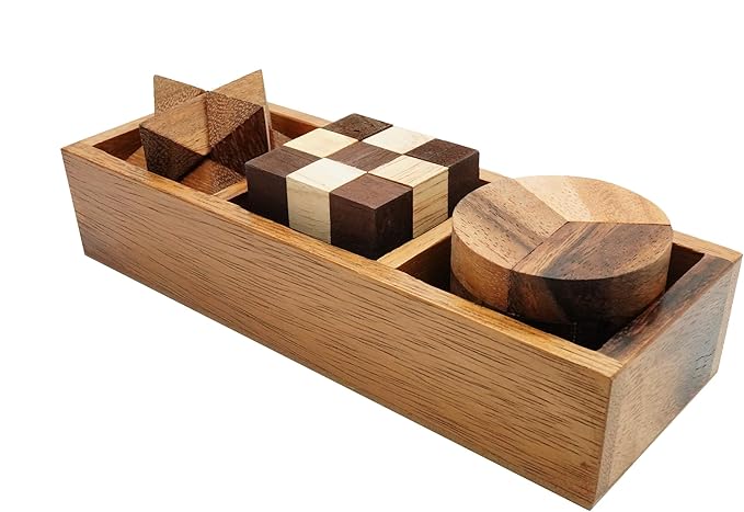 BSIRI 3 Puzzles in a Box - Wooden Brain Teaser Puzzle, 3D Mind Puzzle for Adults, Educational Kids Games, and Brain Games for Kids, Ideal for Birthday Gifts and Patio Decor