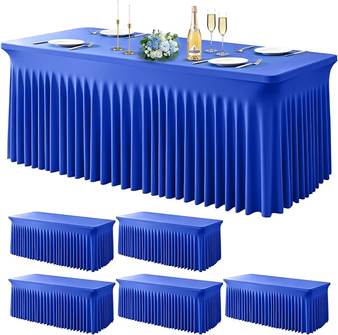 Wish Care 6 Pack Royal Blue Spandex Table Clothes for 6 Foot Rectangle Tables, 6FT Wrinkle Free Fitted Tablecloths Ruffles Design Table Cloth for Party, Banquet, Wedding and Events