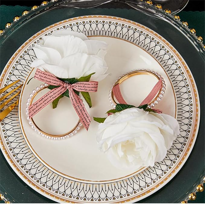 Pearl Napkin Rings Set of 6,Rustic Rose Napkin Rings Flower Dinner Napkin Holder for Table Decoration (21#White)