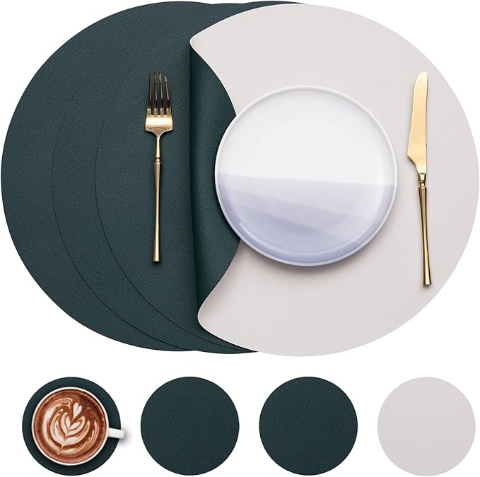 Myir JUN Round Placemats Set of 4 Faux Leather Place Mats and Coasters 15 inch Round Table Mats Dual Sided Non-Slip Stain Resistant Placemats (Beige & Green, Set of 4)