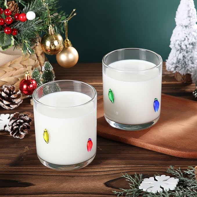 Icon Juice Glasses, 14oz Stemless Wine Drinking Juice Glass Cup for Valentine Party Supplies Gift(2 Pcs,Christmas Bulbs)