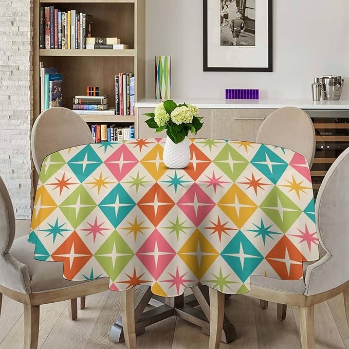 Abstract Geometric Round Tablecloth, Mid Century Retro Abstract Vintage Tablecloth for Home Party Dining Room Kitchen Decor 60Inch(152cm)
