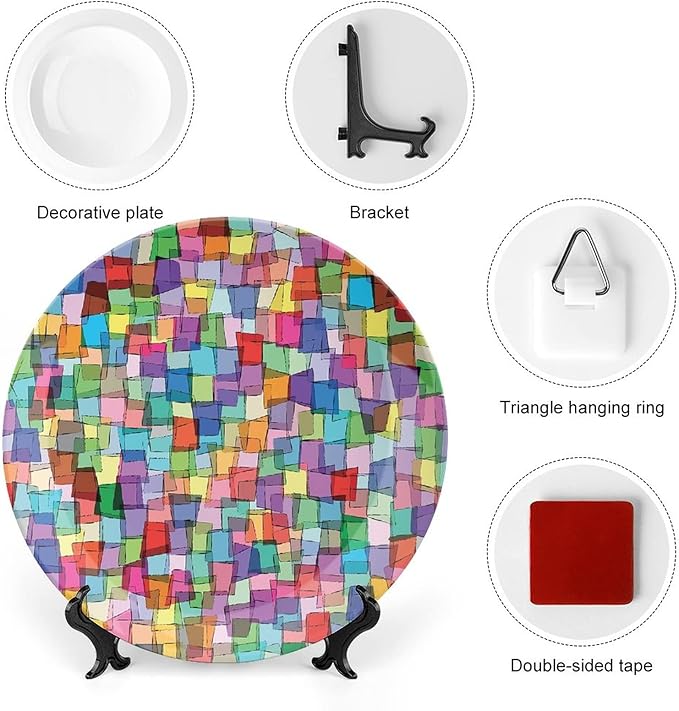 Ceramic Display Plate, Abstract Ceramic Hanging Decorative Plate, Mosaic Tile Pattern Colorful Squares Cubes, 10 Inch, Living Room Kitchen Decoration Household, Multicolor