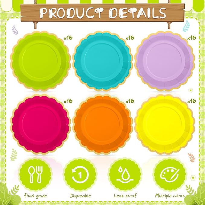 96 Pcs Neon Colorful Paper Plates 9 Inch Gradient Scalloped Paper Plates Disposable Dinner Dessert for Birthday Wedding Bridal Party Supplies, 6 Colors