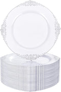 Nervure 100Pcs White and Silver Plastic Plates - 7.5 inch White Plastic Plates with Silver Rim - Disposable Dessert Plate for Wedding & Party