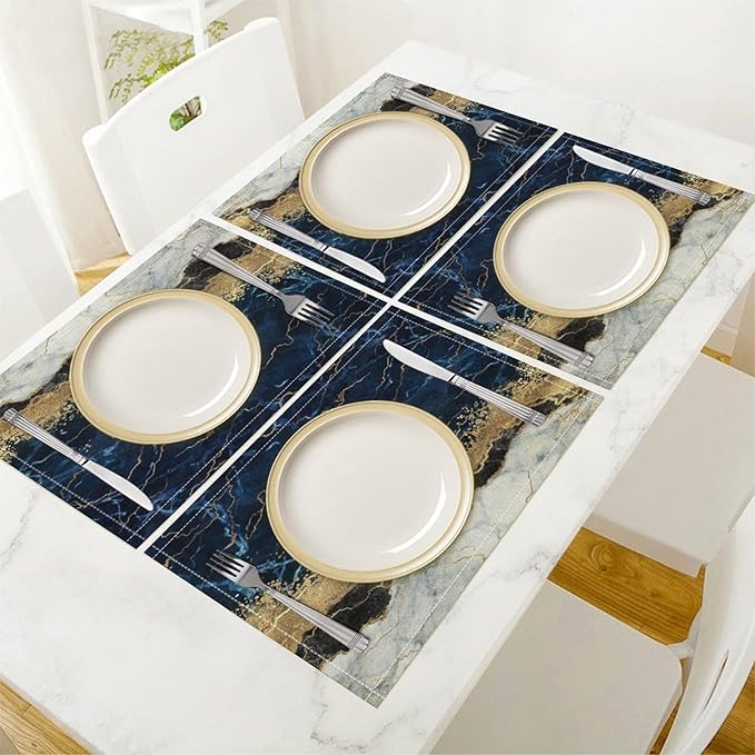 Marble Linen Placemats Set of 2, 12x17 Inch Modern Luxury Foil Cracked Texture Navy Blue Gold Marble Table Mats Washable Fabric Place for Party Kitchen Wedding Dining Banquets Decor