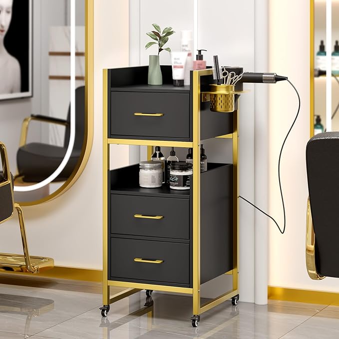 OmySalon Salon Trolley Cart, Hair Styling Station with 3 Drawers, 2 Open Shelf & Tool Holders, Mobile Barber Storage Cabinet Utility Trolley for Beauty Salon Spa,Black