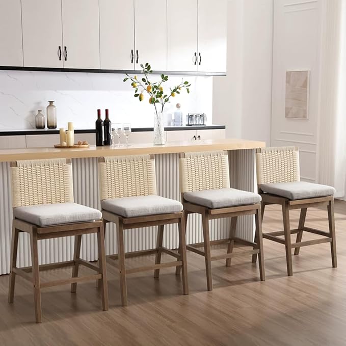 Mid Century Modern Counter Height Barstools Set of 6, 27” Linen Upholstered Counter Stools with Rope Woven Back Wooden Farmhouse Bar Stools for Kitchen Island Dining Room,Grey