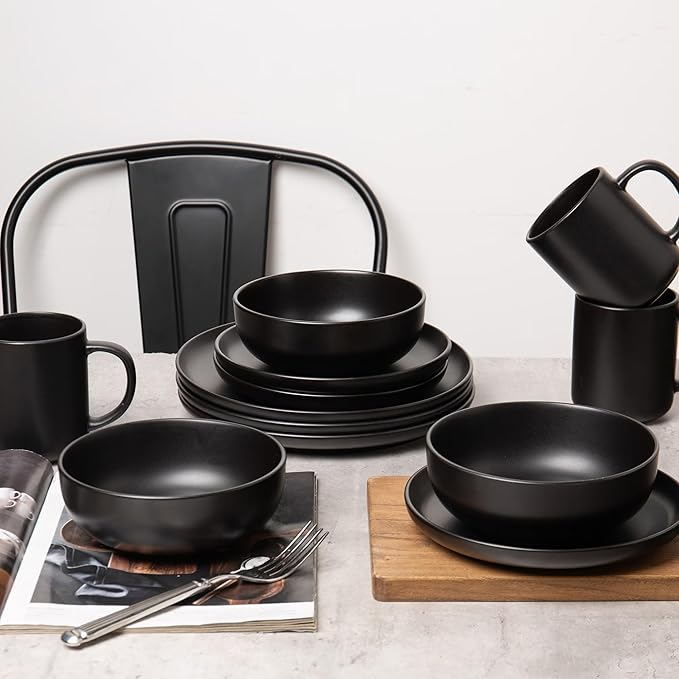 12-Piece Stoneware Dinnerware Set with Mugs | Microwave and Dishwasher Friendly | Stackable Matte Glaze Plates & Bowls | Service for 3 (Black for 3)