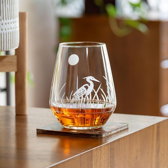 Rolf Glass Heron Stemless Wine Tumbler 18 ounce - Stemless Wine Glasses – Lead-Free Glass - Engraved Tumbler Glasses - Made in the USA (Set of 2)