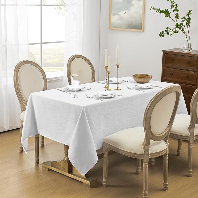 Softalker Linen Textured Rectangle Tablecloth, Waterproof Wipeable Farmhouse Burlap Table Cloth, Stain Resistant Wrinkle Free Table Covers for Kitchen Dining Holiday Party (60 x 104, White)