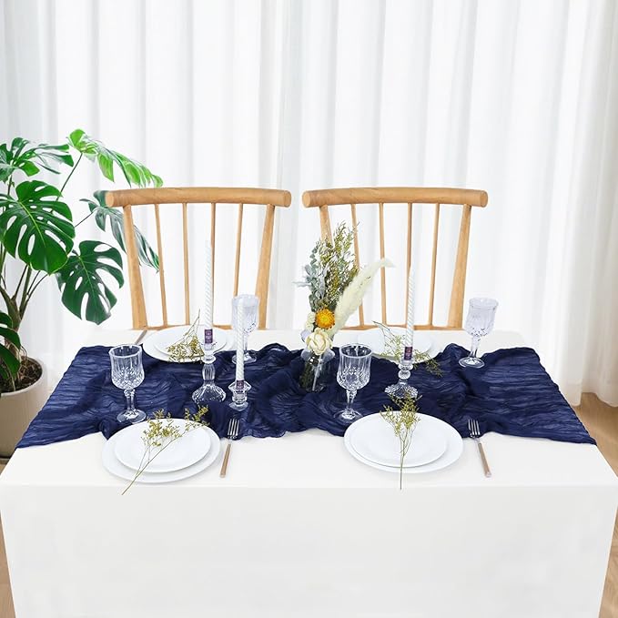 Wedding Cheesecloth Table Runner Bulk Gauze Table Runners Navy Blue 10FT Boho Cheese Cloth Fabric Romantic Wedding Centerpieces for Tables Navy Sheer Chiffon Table Runner for Bridal Party Reception