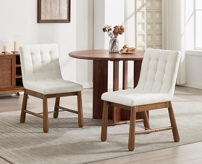 CIMOTA Modern Tufted Dining Chairs Set of 2 for Kitchen, Farmhouse White Linen Fabric Kitchen & Dining Room Side Chairs with Cushion Back, Oak Wooden Frame, Thickened Upholstered