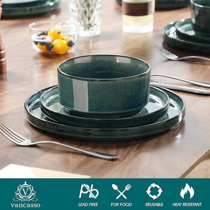 vancasso Plates and Bowls Sets for 6, 18 Pieces Green Dinnerware Sets for Kitchen, Modern Stoneware Dishes Set, Dishwasher and Microwave Safe, Series Starry