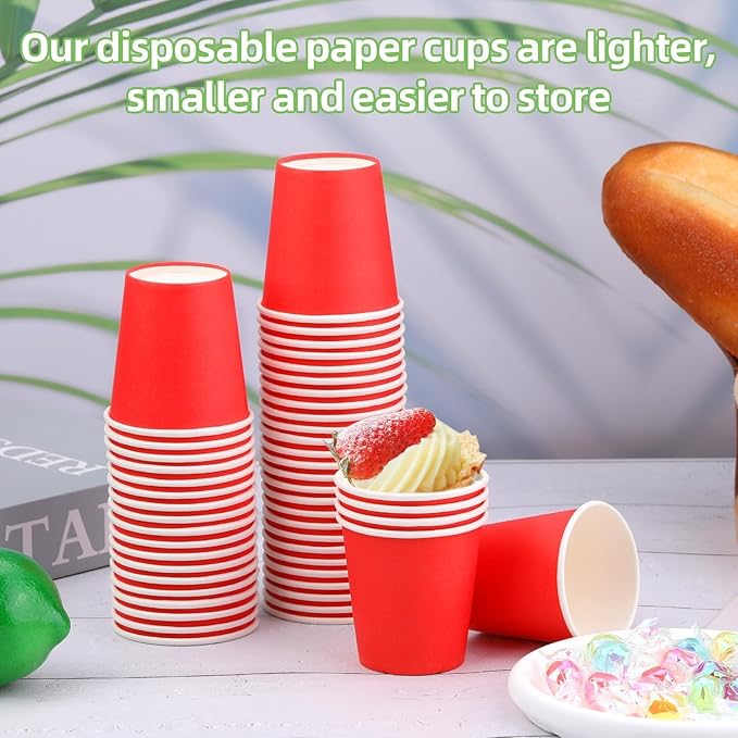 Wuadua 100 Pack 3 oz Red Disposable Paper Cups - Sturdy and Leak-Proof for Parties, Events, Office, Home Use Disposable Mouthwash Cups - Ideal for Hot/Cold Drinks, Smooth Rim Design, Eco-Friendly