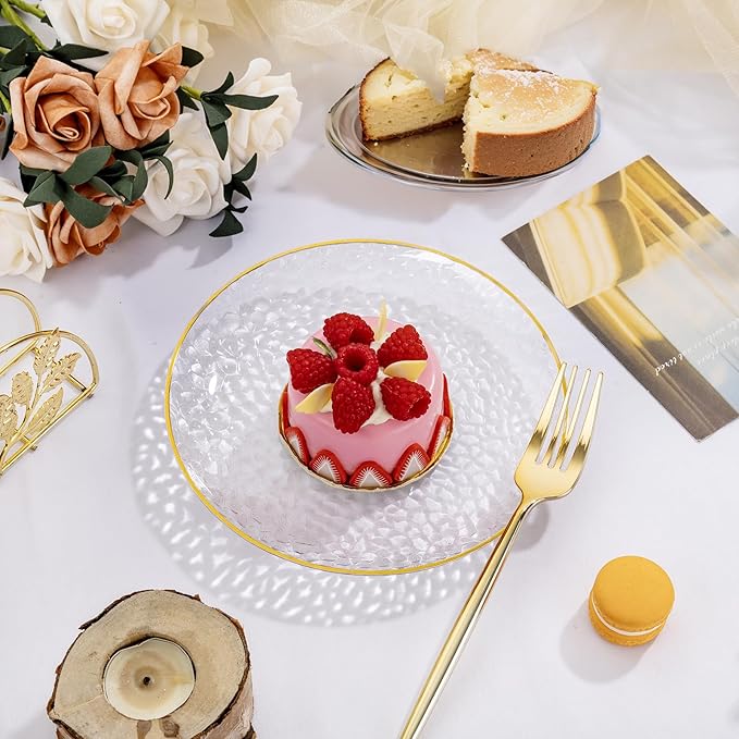 Rubtlamp 200 Pcs Clear Dessert Plates 7" with Forks 7.6",Clear Plastic Cake/Appetizer Platos, Dessert Plates Disposable, Hammered Party Platos Include 100platos and 100forks for Party&Birthday